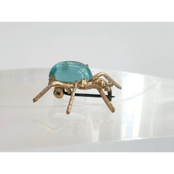 Spider Figural Blue Glass Jelly Belly Body Gold Toned Vintage Jewelry Brooch Pin - Picture 5 of 10